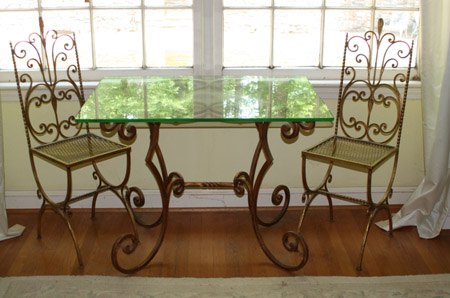 Appraisal: Gilt Wrought-Iron Base Glass-Top Rectangular Table and a Pair of