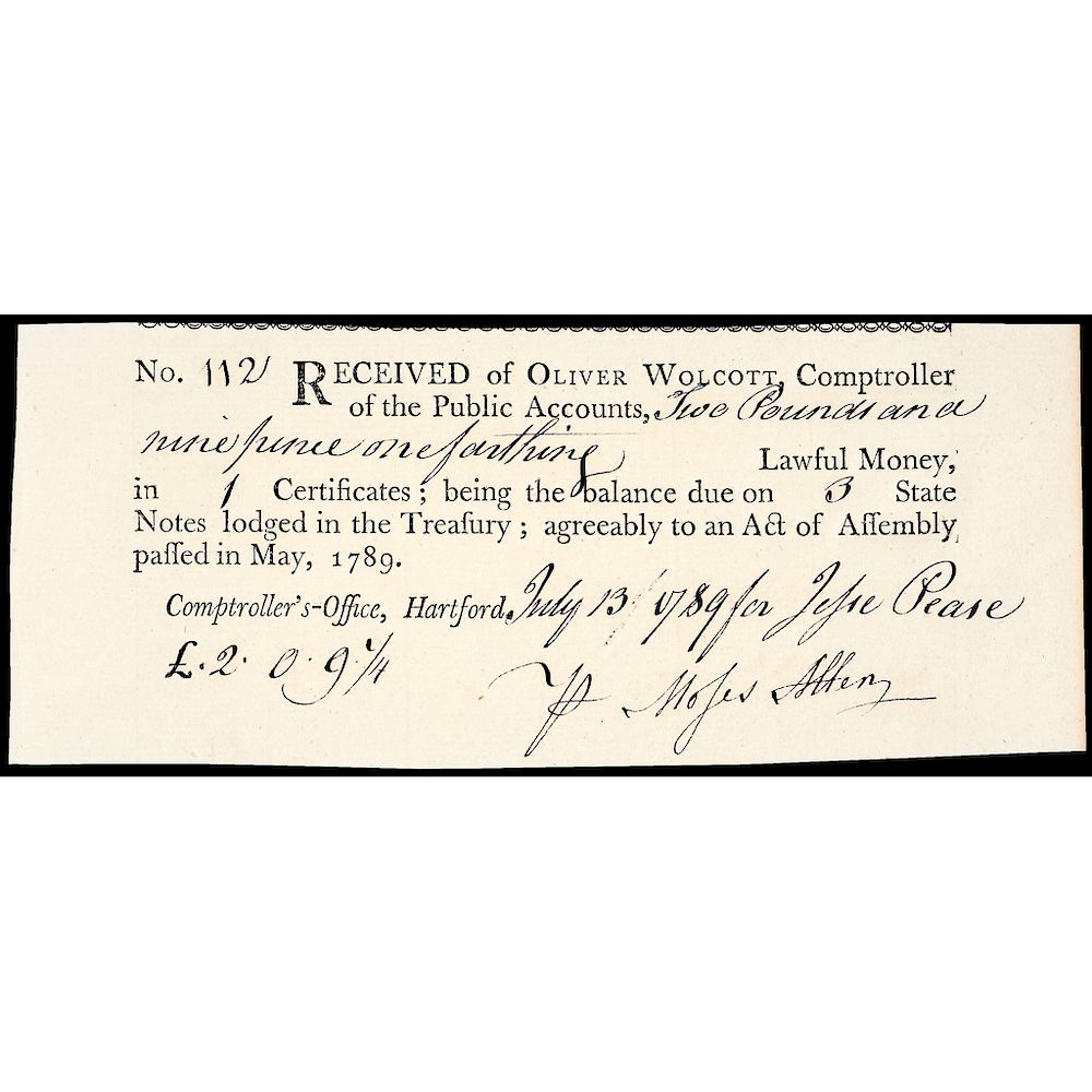 Appraisal: Oliver Wolcott Jr Printed Document to Moses Allen Private at