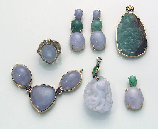 Appraisal: A collection of jade and k gold jewelry comprising six