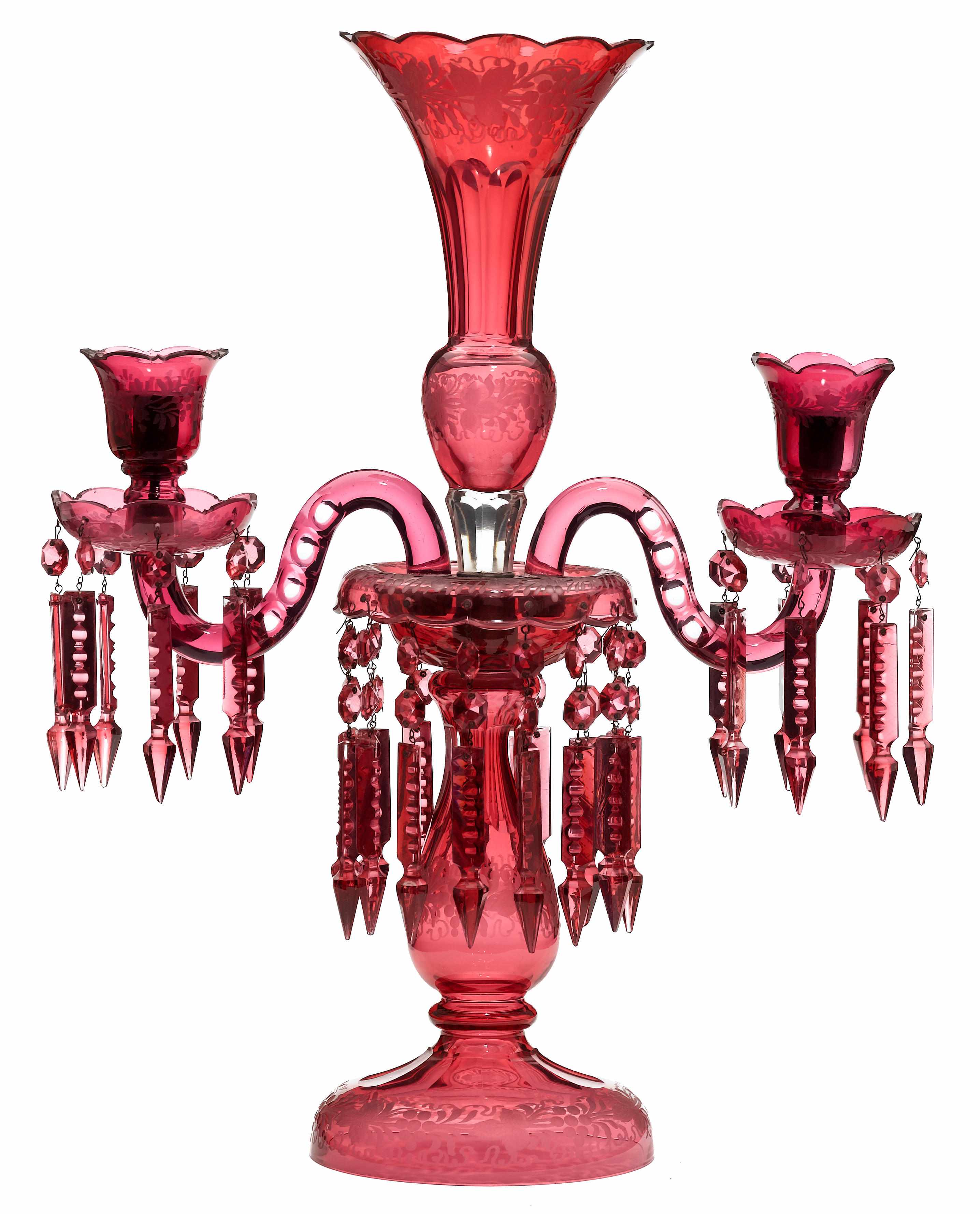 Appraisal: A French engraved cranberry glass two light candelabrum late th