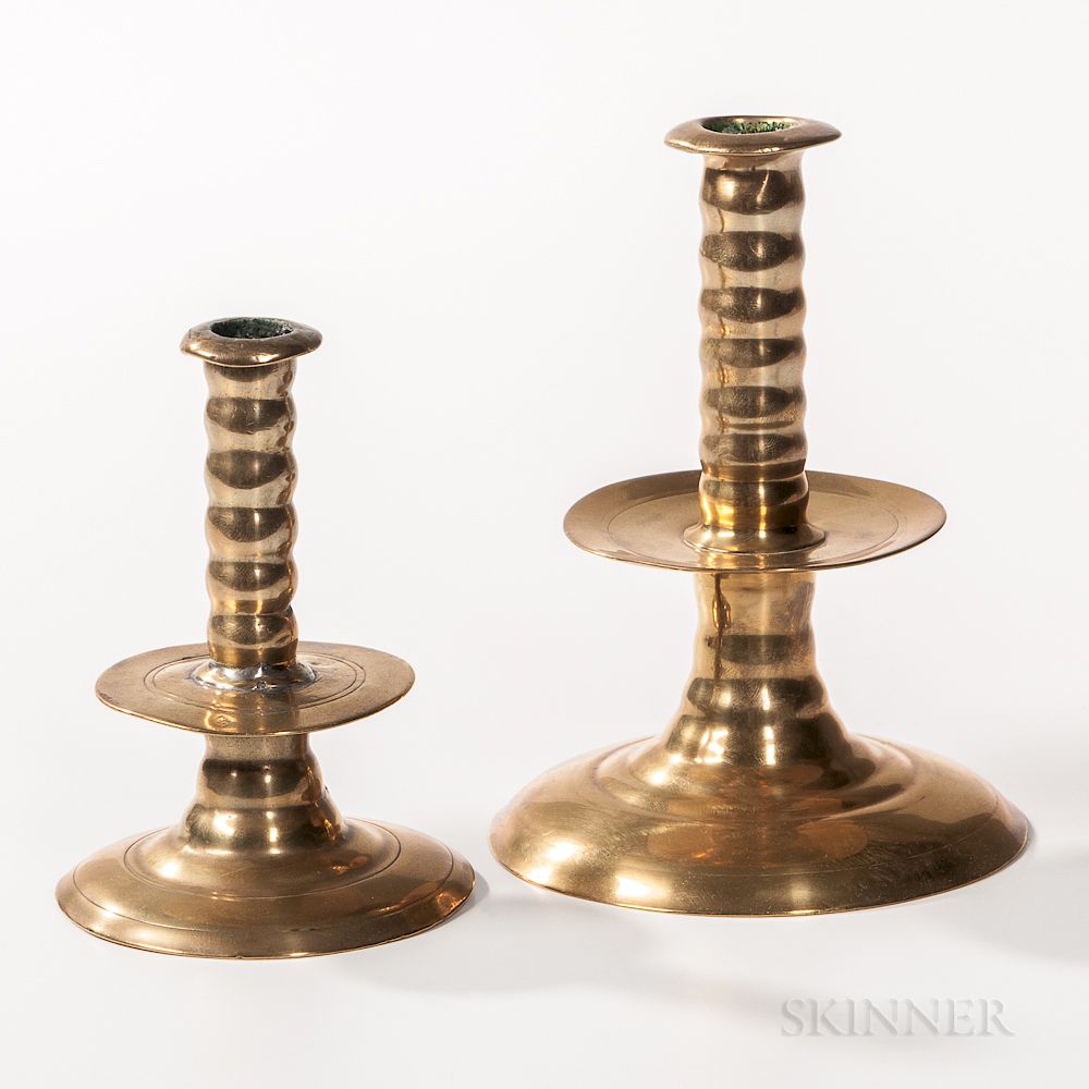 Appraisal: Two English Trumpet-base Mid-drip Candlesticks Two English Trumpet-base Mid-drip Candlesticks