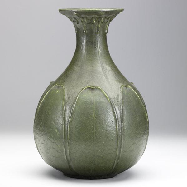 Appraisal: MARIE SEAMANGRUEBYRare and large matte green vase with leaves and