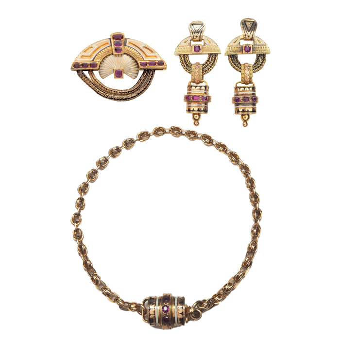 Appraisal: Egyptian Revival bracelet earrings and pin set k rose gold