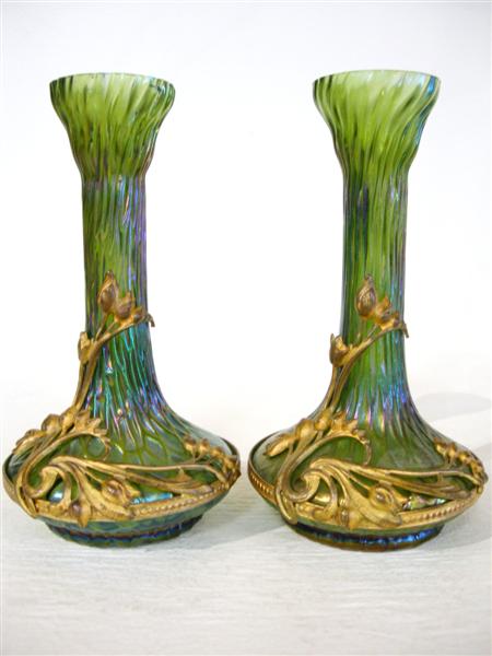 Appraisal: ART NOUVEAU PAIR OF IRIDESCENT GLASS VASES CIRCA each of