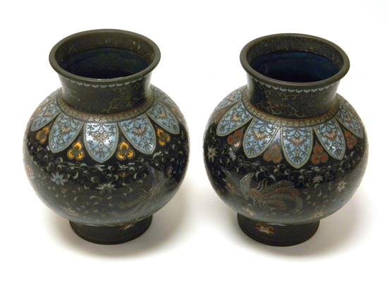 Appraisal: Pair Chinese cloisonne vases black ground with aqua phoenix and