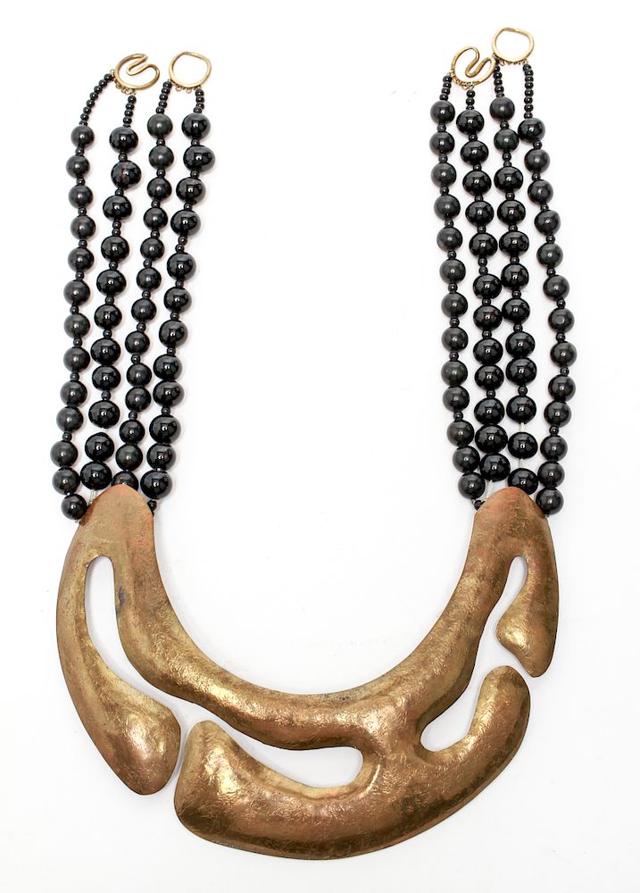 Appraisal: Modern Brutalist Brass Onyx Beads Necklace Modern Brutalist brass and