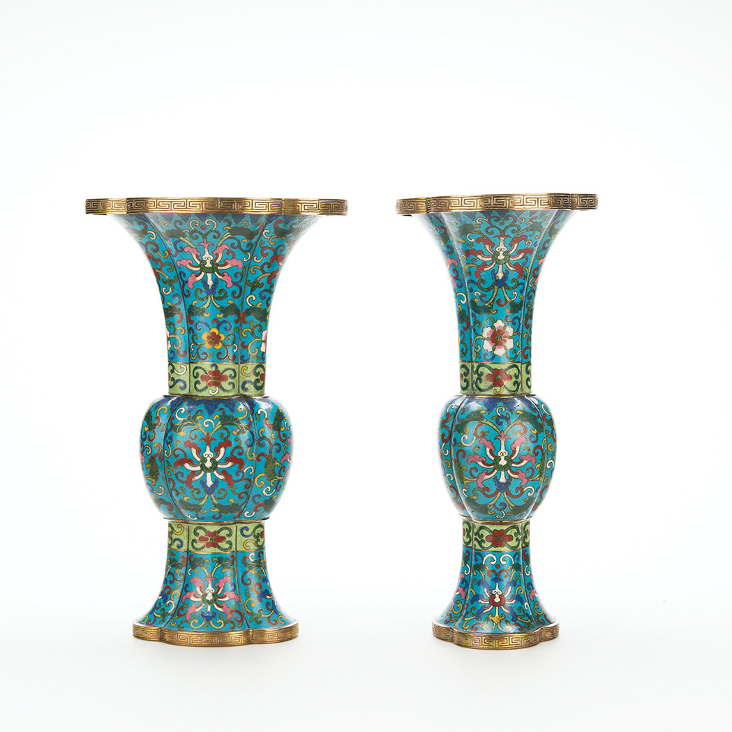 Appraisal: Pair of Chinese Cloisonne Enamel Vases th Century Each quatrefoil