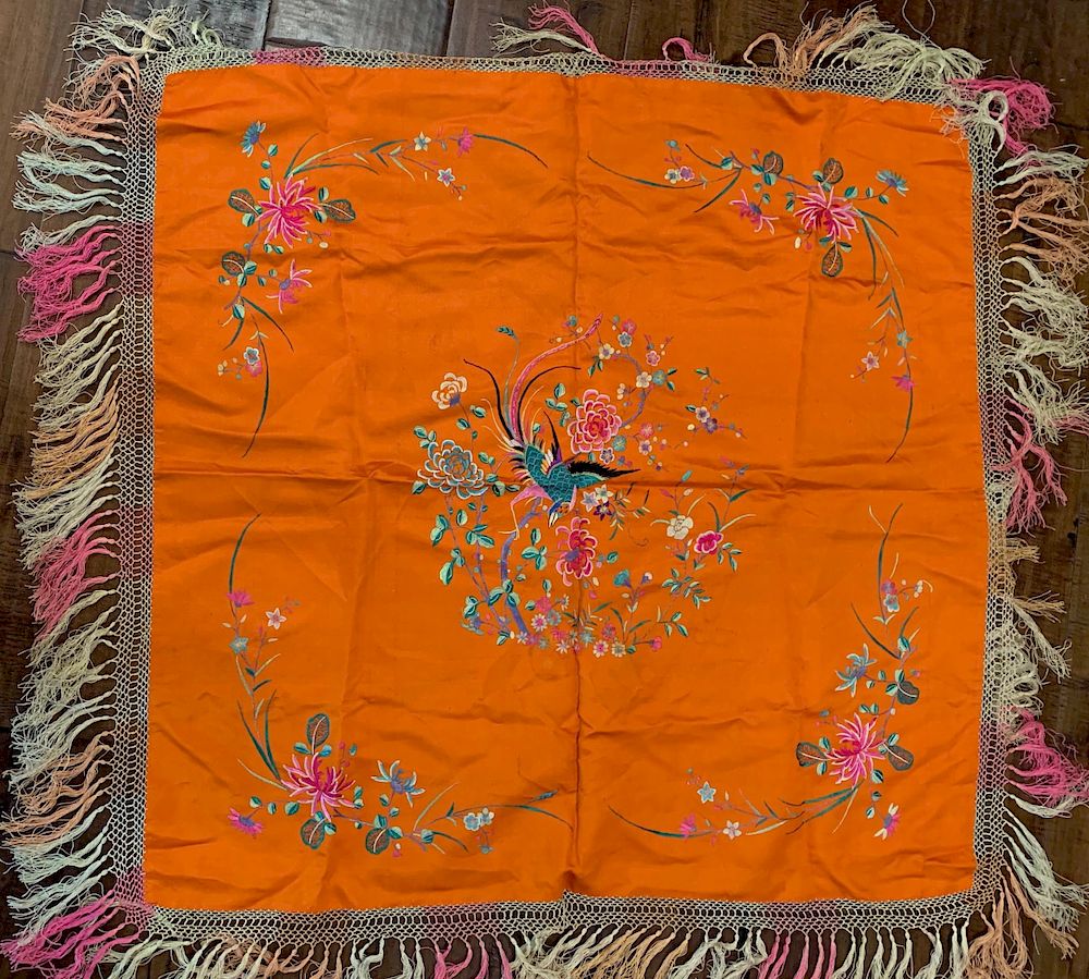 Appraisal: Chinese Embroidered Silk Panel Early th Century Chinese red silk