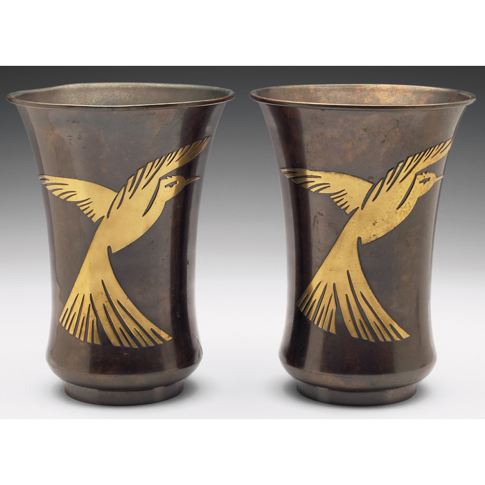 Appraisal: Silver Crest vases pair in bronze applied bird brass overlay