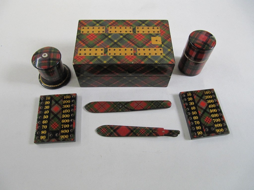 Appraisal: Lot comprising Mauchline tartanware cribbage box thread box bobbin box