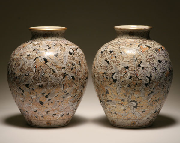 Appraisal: Pair large Japanese Satsuma vases a plethora of symbolic cranes