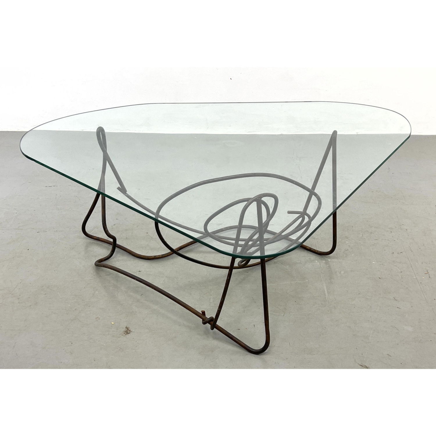 Appraisal: Unique Wrought Iron Base Modernist Occasional Table Glass Triangular Top