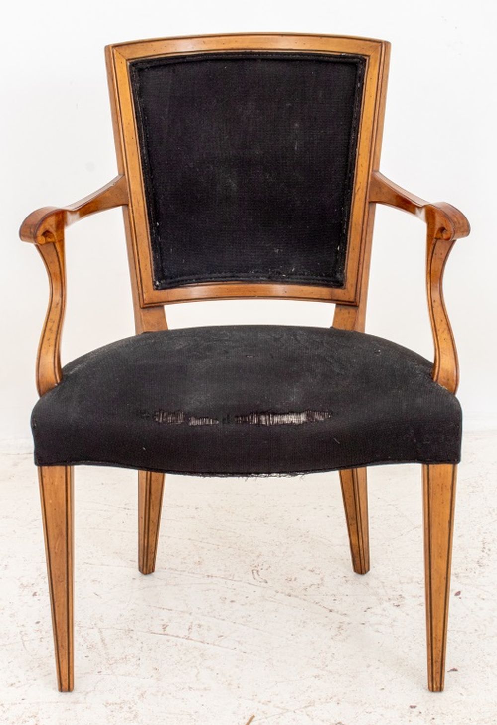 Appraisal: BAKER NEOCLASSICAL FRUITWOOD UPHOLSTERED ARMCHAIR Neoclassical style fruitwood arm chair