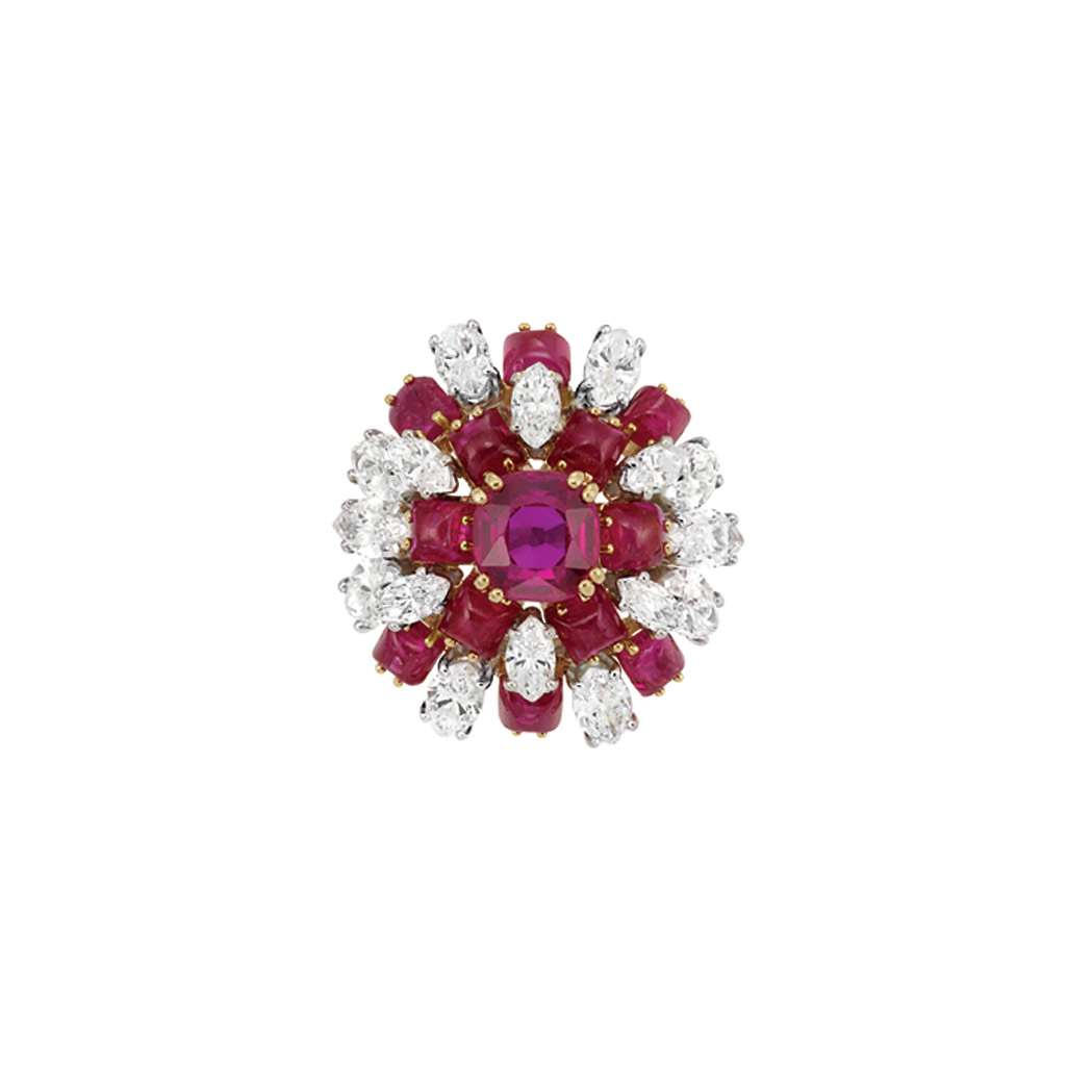 Appraisal: Platinum Gold Ruby and Diamond Dome Ring Chaumet Centering one