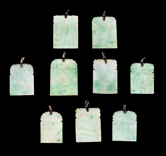 Appraisal: Nine Apple Green and Celadon Jadeite Plaques Length of largest