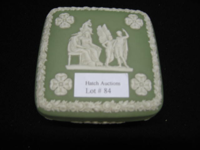 Appraisal: Wedgwood Green Jasperware Dresser Box classical figures cherubs