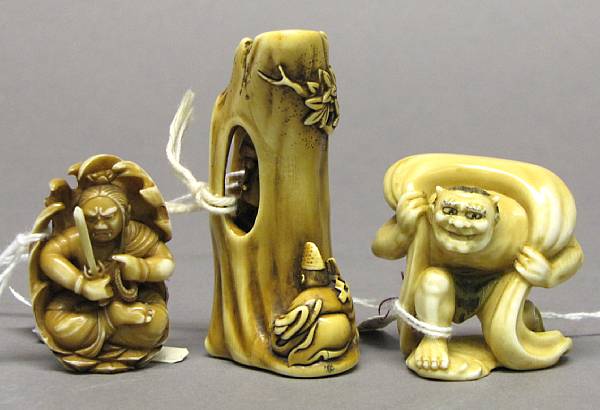 Appraisal: A group of three carved ivory netsuke th th Century