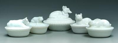 Appraisal: Five milk glass animal dishes cat marked McKee rabbit cow