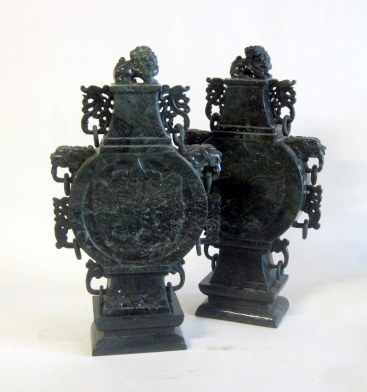 Appraisal: Pair of Large Chinese carved green stone covered vasesmodern