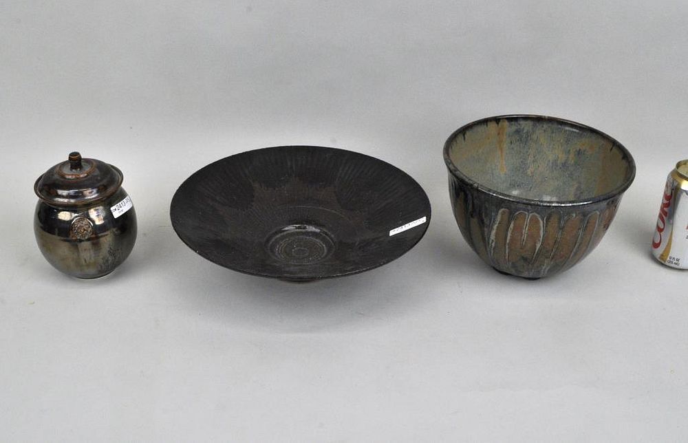 Appraisal: Three Signed Liskin Modern Pottery Wares two lustre glazed pieces