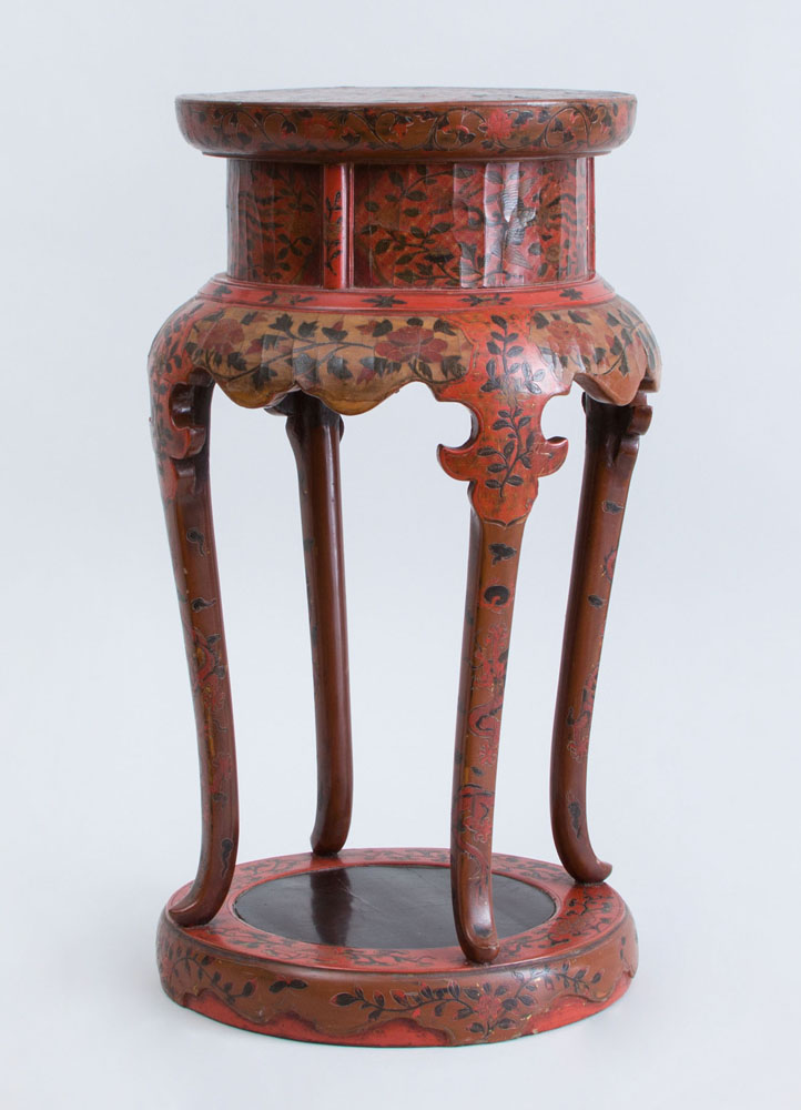 Appraisal: CHINESE INCISED RED LACQUER PEDESTAL x in diam From the