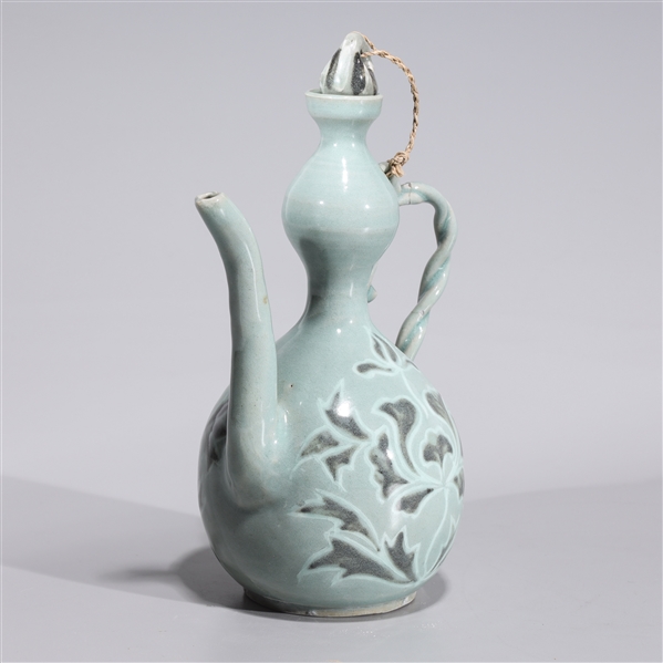 Appraisal: Korean celadon glazed gourd form ewer with cover and rope