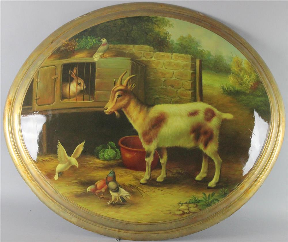 Appraisal: THREE OVAL ANIMAL PAINTINGS oil on wood with gilt wood