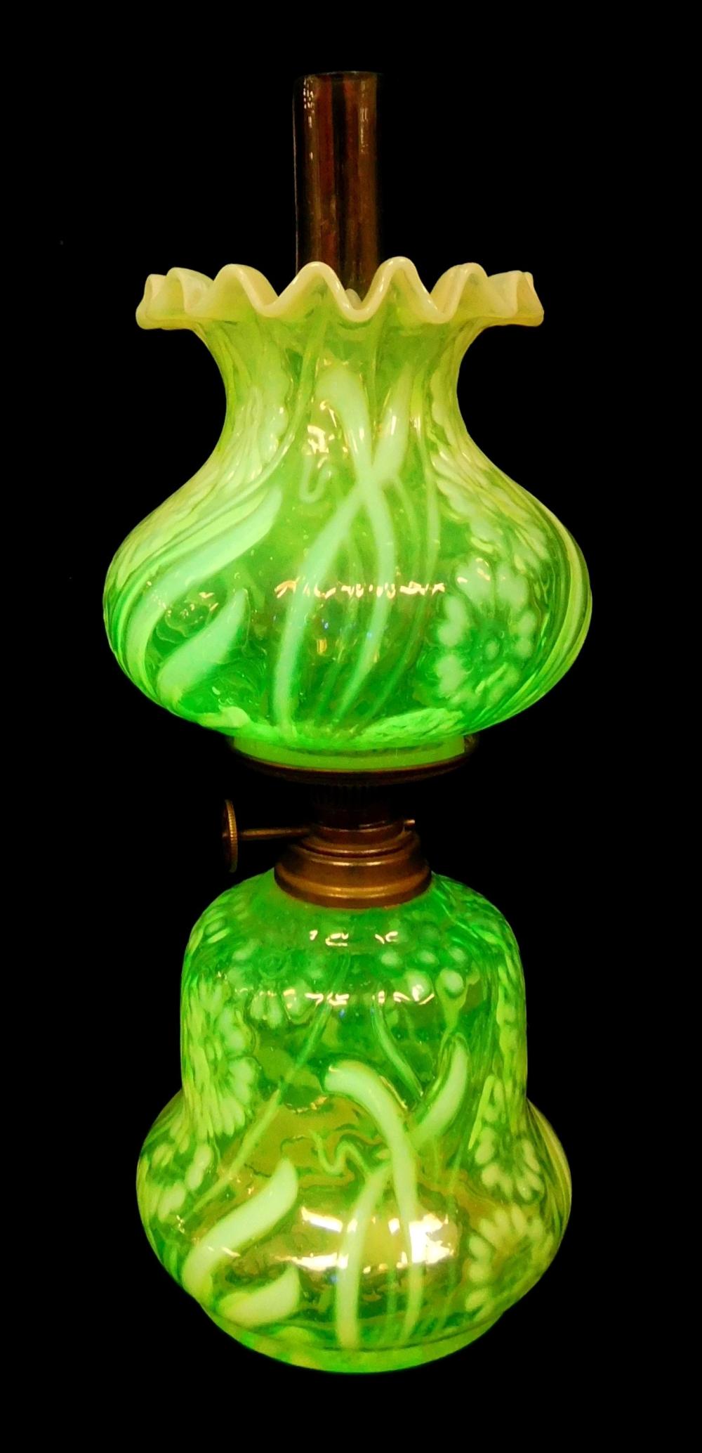 Appraisal: Miniature oil lamp vaseline opalescent floral S- yellow-green clear glass