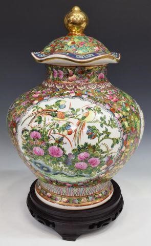 Appraisal: Large Chinese rose medallion porcelain covered lotus jar having gilt