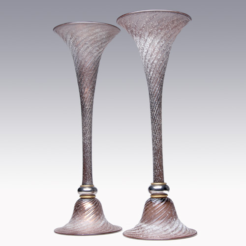 Appraisal: MURANO Pair of tall mauve scavo glass vases with chrome