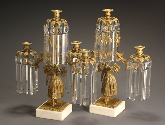 Appraisal: Pair of Classical Ormolu and Marble Three-Light Candelabra Possibly Cornelius