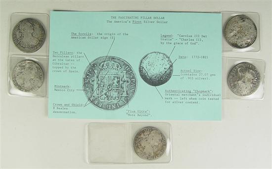 Appraisal: Five Pillar Silver Dollars with Chopmarks Dates are and Often