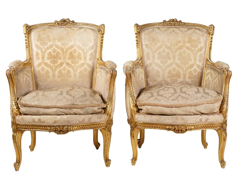 Appraisal: PAIR OF LOUIS XV-STYLE GILTWOOD FAUTEUILSfirst half th century covered