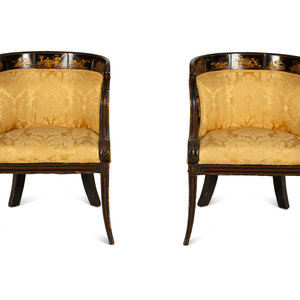 Appraisal: A Pair of Regency Ebonized and Gilt Barrel Back Armchairs