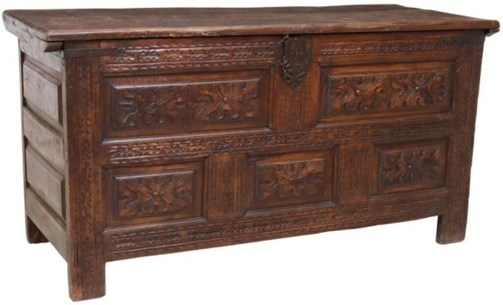 Appraisal: French carved oak coffer storage trunk th c having hinged