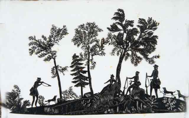 Appraisal: A MONOCHROME SILHOUETTE of a hunting party in a white