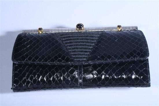 Appraisal: SIGNED JUDITH LEIBER BLACK SNAKESKIN CLUTCH PURSE Silver-tone and gilt