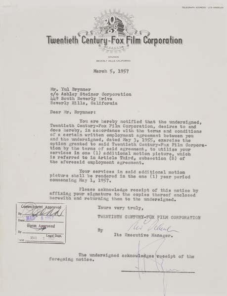 Appraisal: YUL BRYNNER Group of typed letters signed by Brynner on