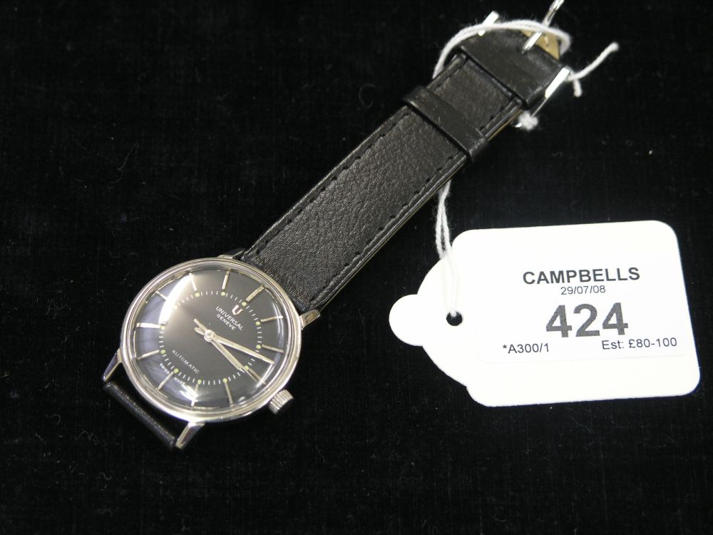 Appraisal: A gents Universal Geneva automatic wristwatch chrome finish leather strap