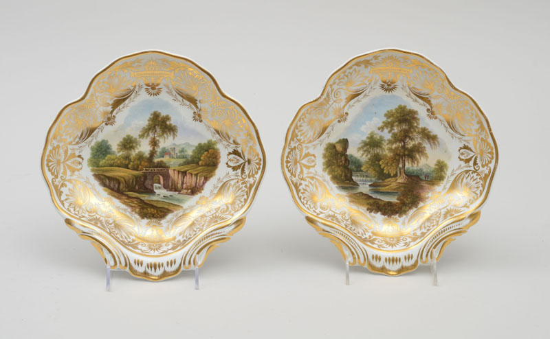 Appraisal: PAIR OF DERBY PORCELAIN SHELL-FORM TOPOGRAPHICAL PLATES With underglaze iron