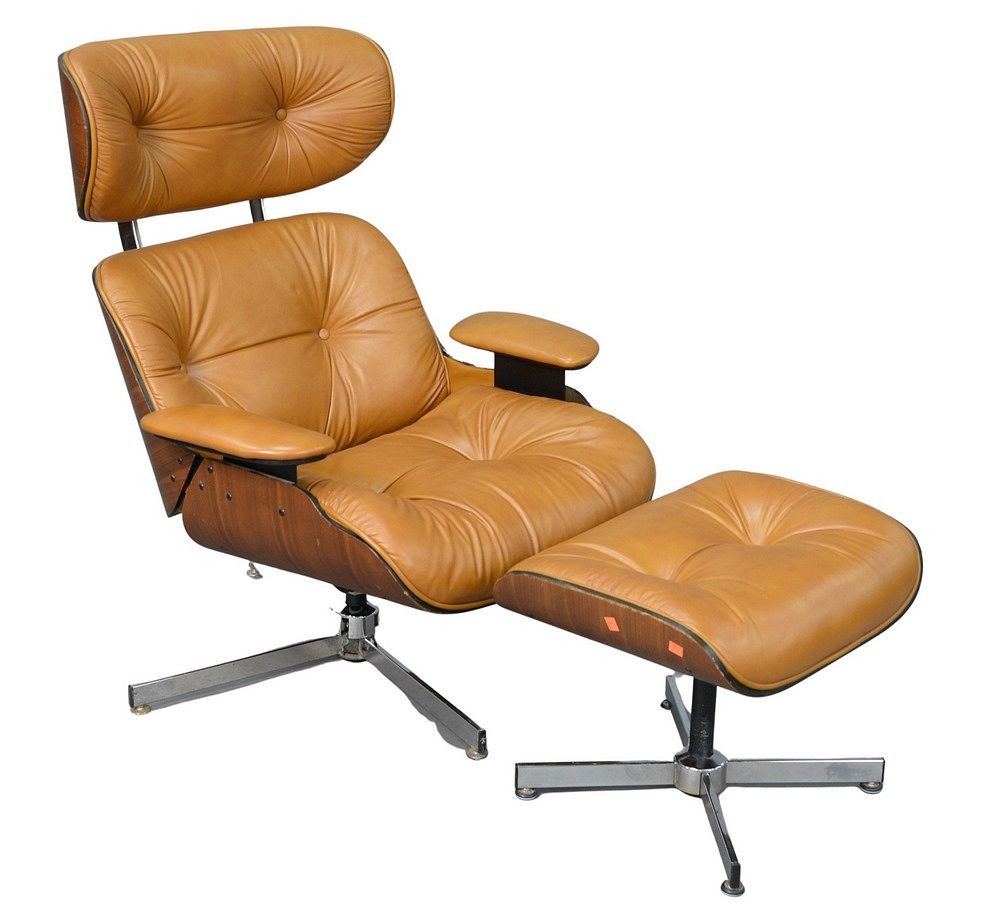 Appraisal: Eames Style Brown Leather Lounge Chair along with matching ottoman