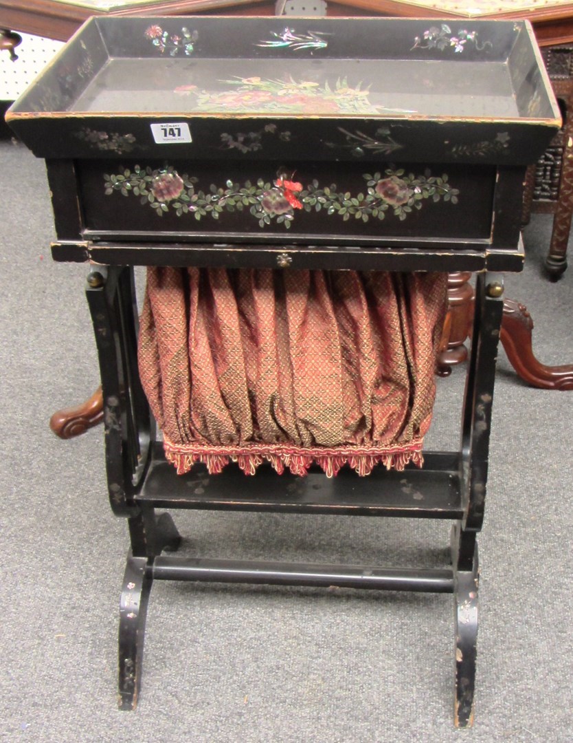 Appraisal: A Victorian black lacquer mother of pearl inlaid sewing table