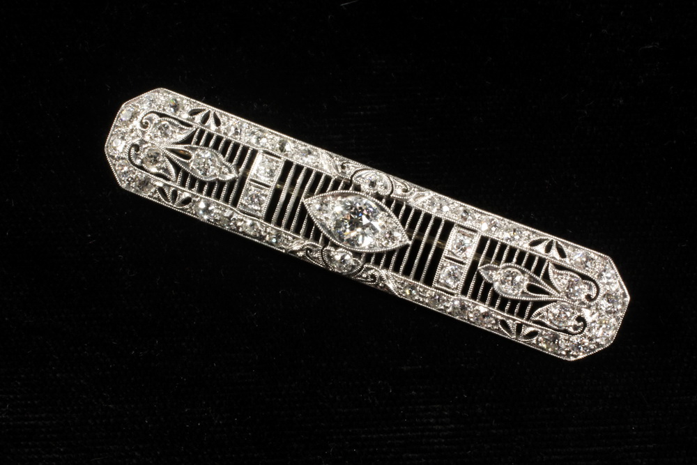 Appraisal: BROOCH - One Antique Platinum and Diamond Bar Form Brooch