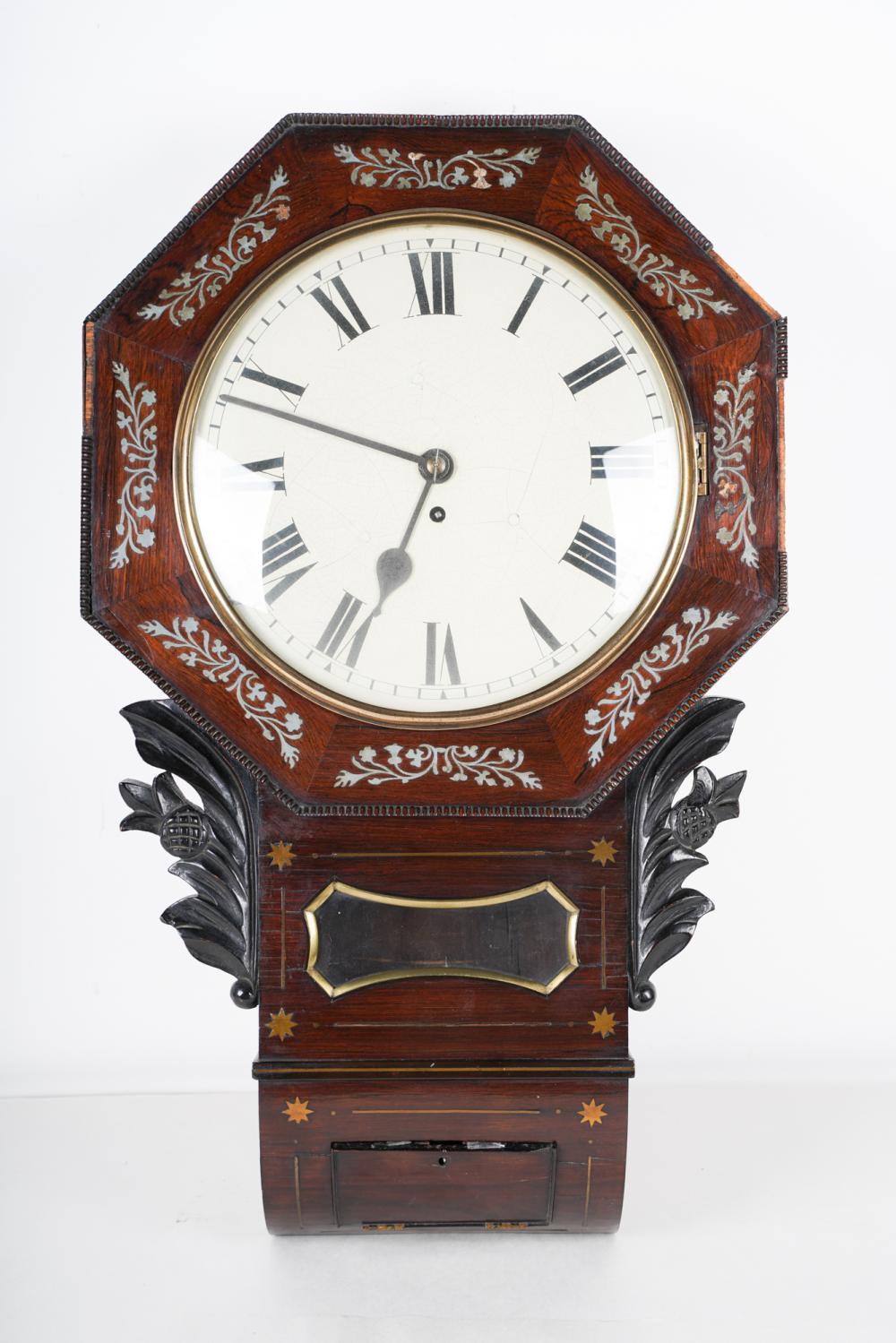 Appraisal: MAHOGANY BRASS INLAY WALL CLOCKCondition with loss to veneer throughout