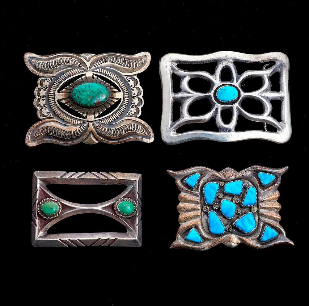 Appraisal: NAVAJO BELT BUCKLES Four Vintage old pawn turquoise and silver