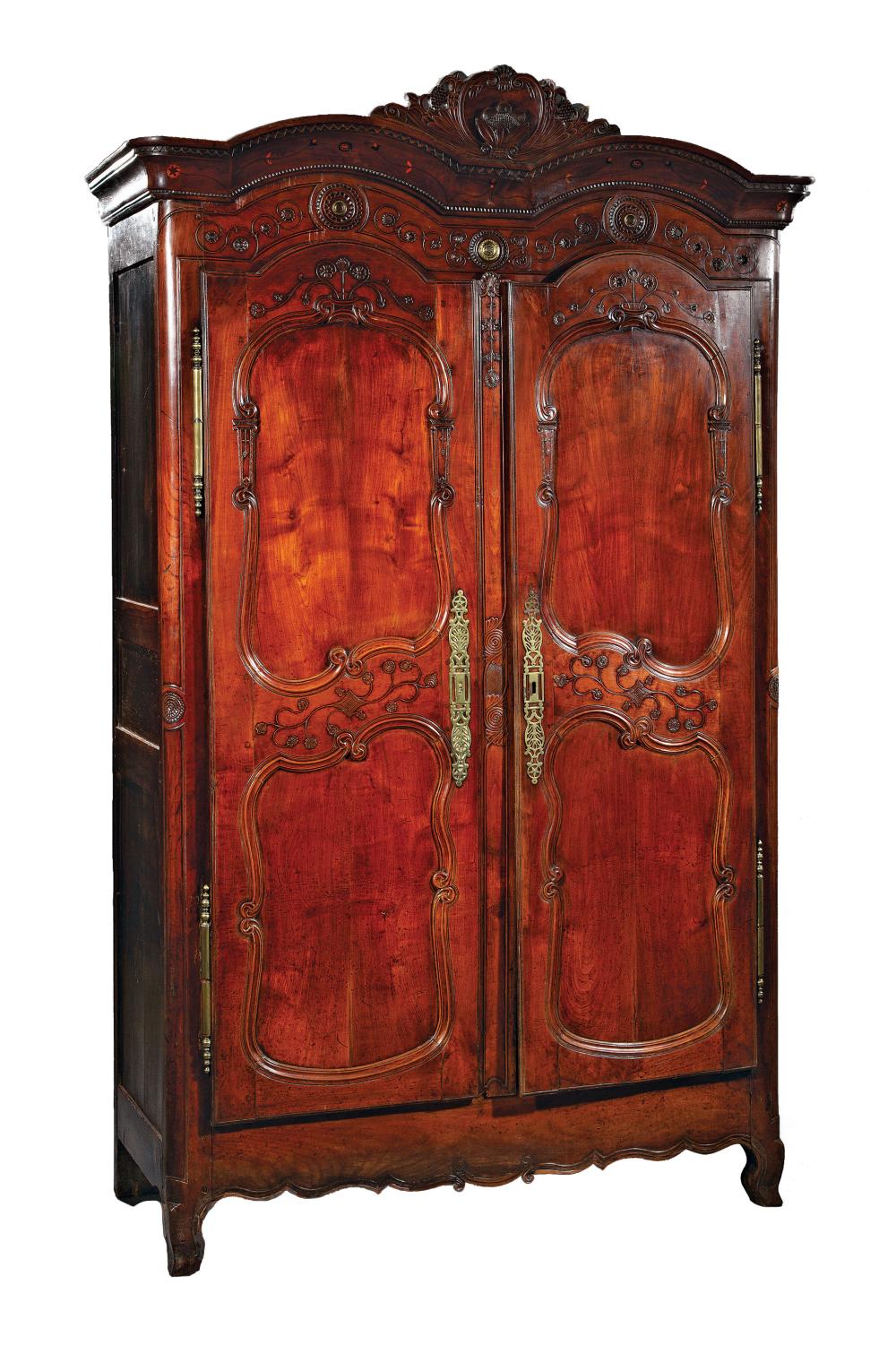 Appraisal: Louis XV Carved Inlaid and Brass-Mounted Armoire th c elaborately