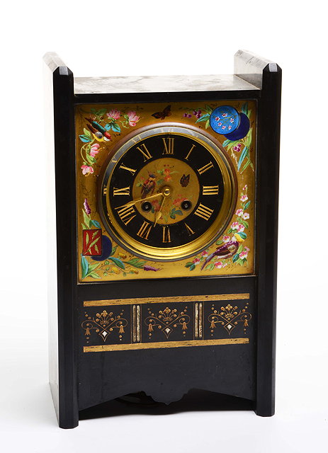 Appraisal: AN AESTHETIC SLATE AND PAINTED MANTLE CLOCK the black chapter