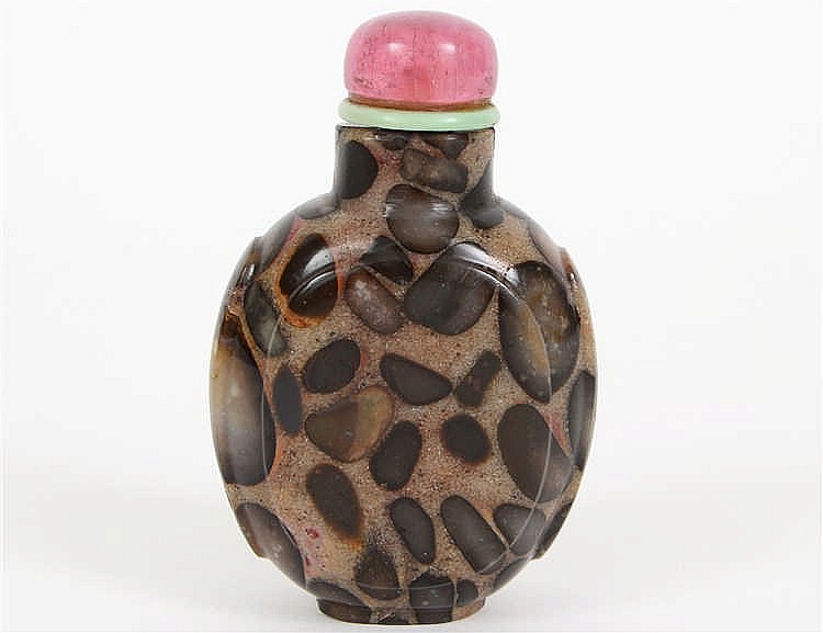 Appraisal: CHINESE PUDDINGSTONE SNUFF BOTTLEOf spherical form variously shaped beige brown