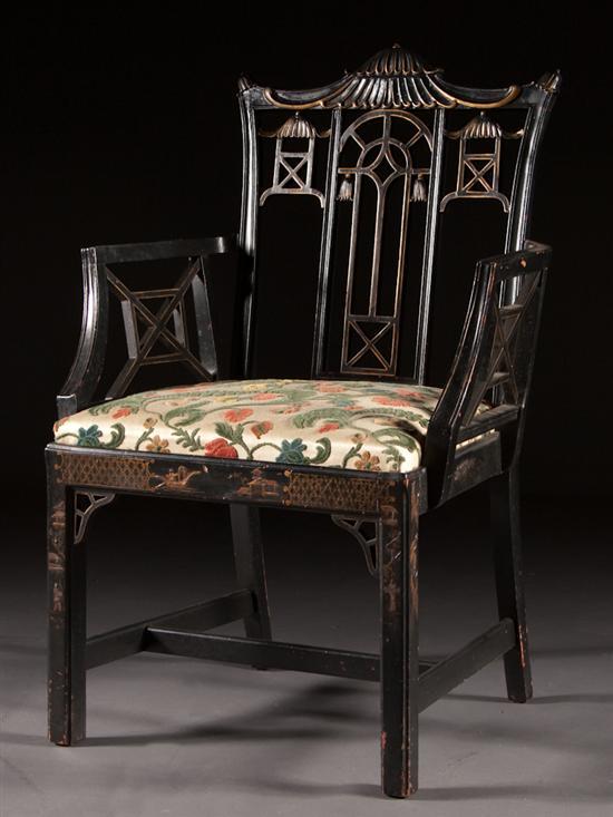 Appraisal: Chinese Chippendale style carved ebonized wood armchair mid th century