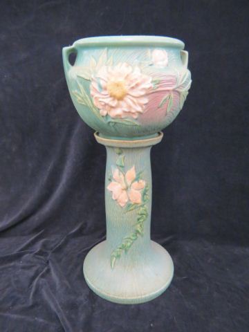 Appraisal: Roseville Pottery Peony Jardiniere Pedestal green jardiniere is - overall